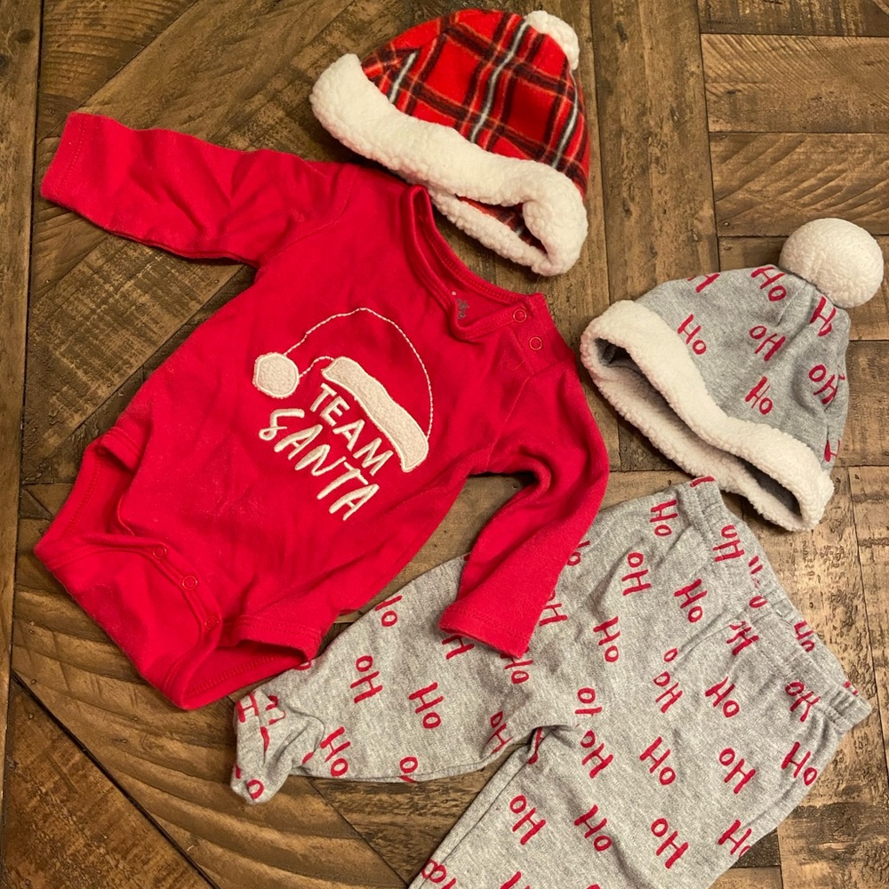 Christmas holiday baby outfit with two hats